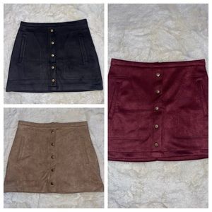 Burgundy, Black, and Tan Faux Suede “Snap” Front Mini Skirts